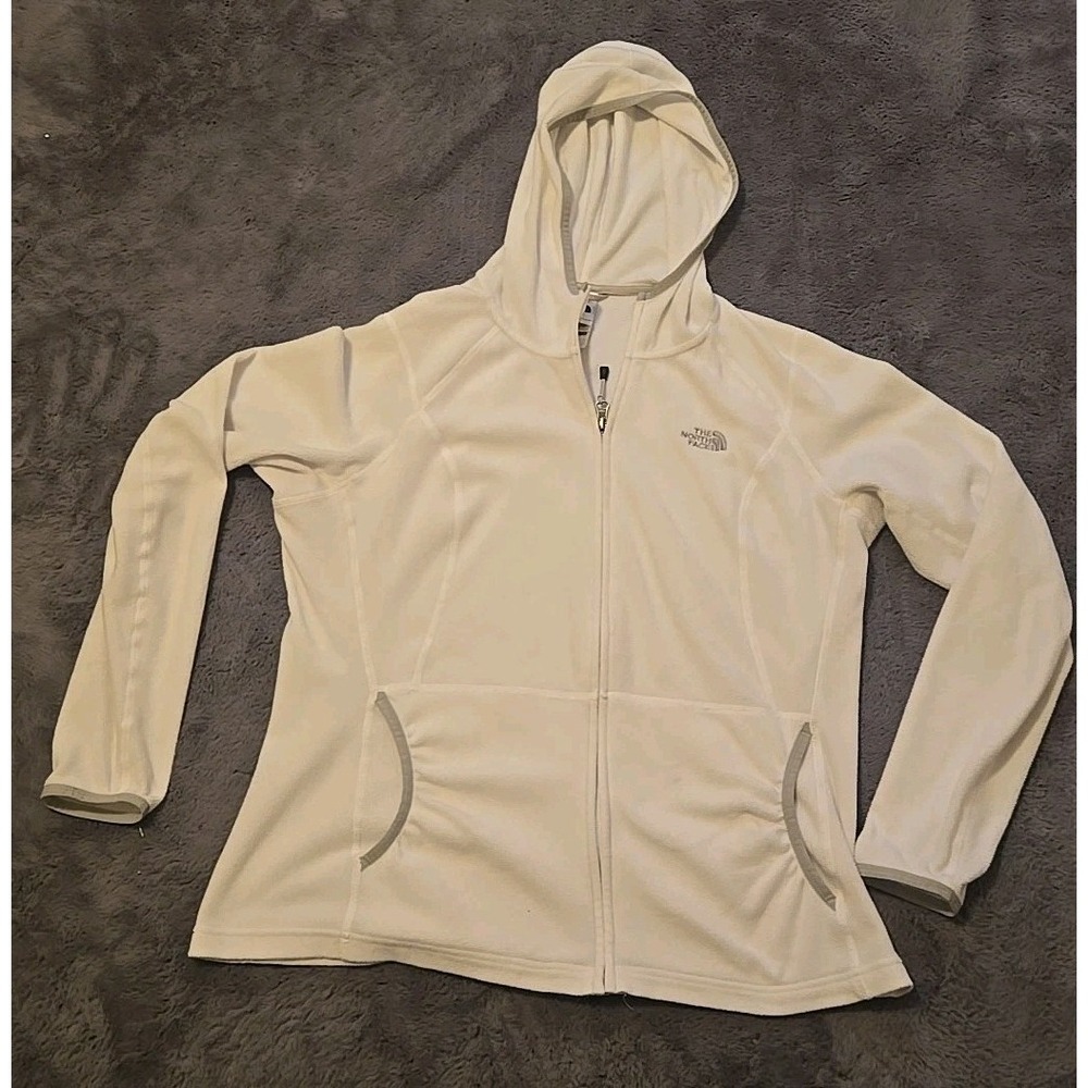 POLARTEC Classic Fleece Hoodie Mens L White Full Zip Sweatshirt Jacket Outdoor